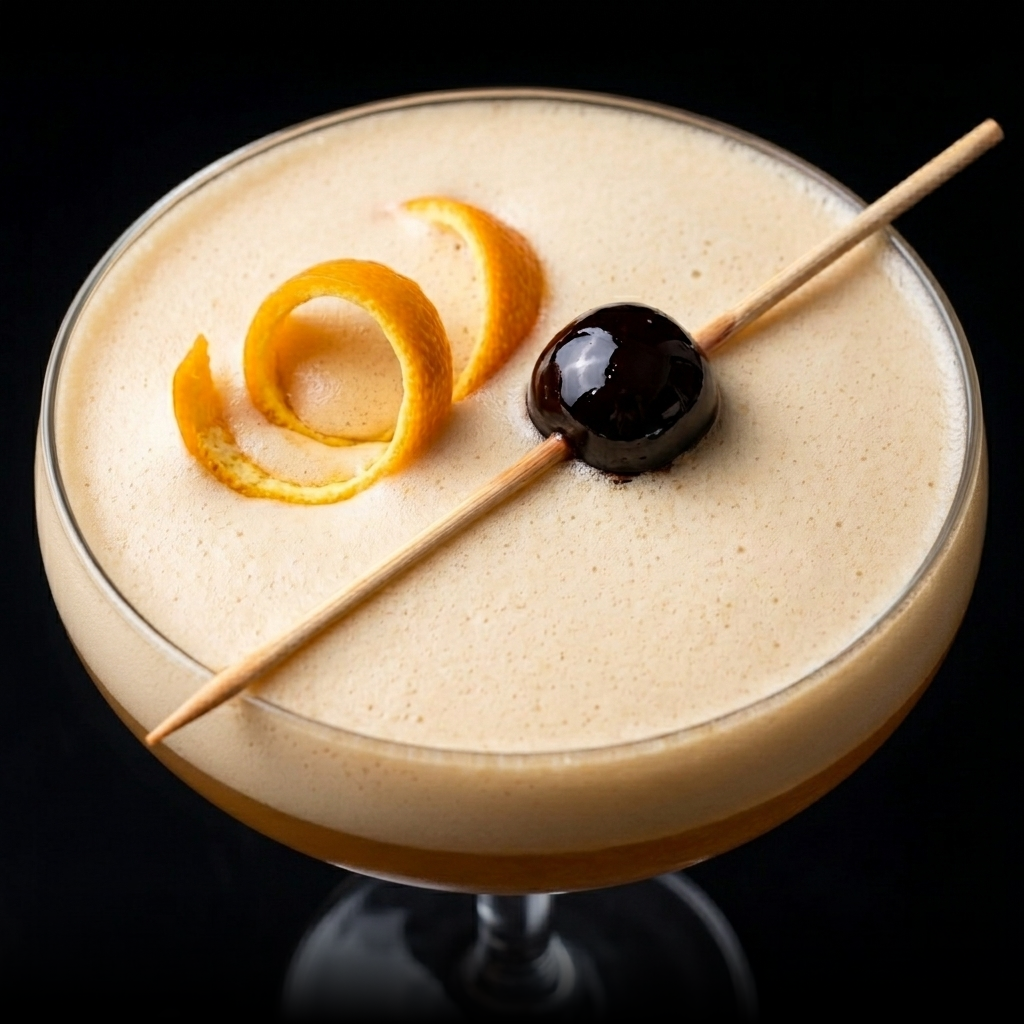 A creamy cocktail in a martini glass garnished with orange peel and a black cherry on a toothpick.