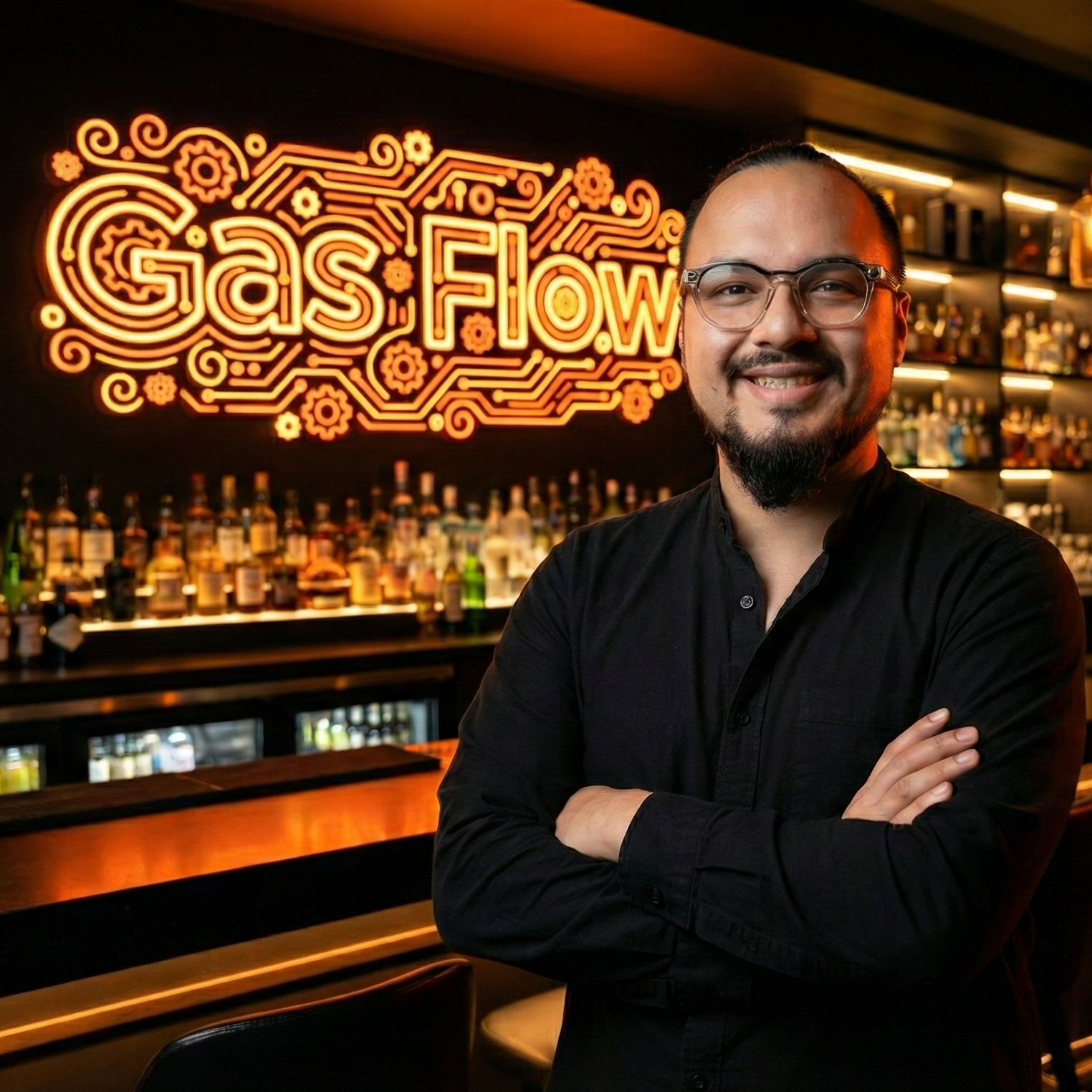 A smiling man with glasses and a beard stands with his arms crossed in front of a bar counter with bottles of alcohol. Behind him is a neon sign that says 'Gas Flow' in a stylized font, glowing orange with a mechanical design.