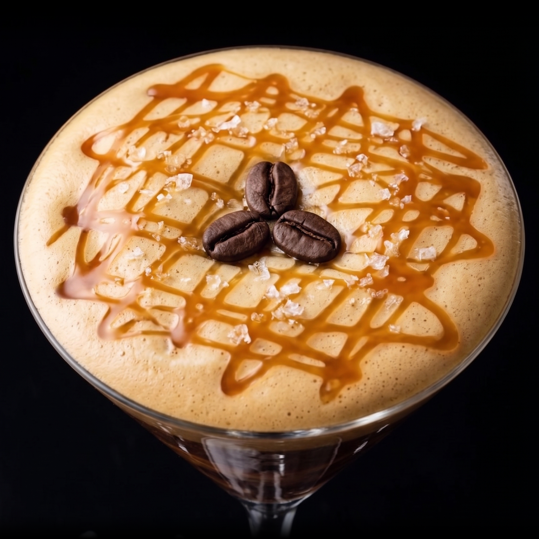 Close-up of a creamy coffee-flavored dessert in a martini glass, topped with caramel drizzle, coffee beans, and small white sugar crystals.