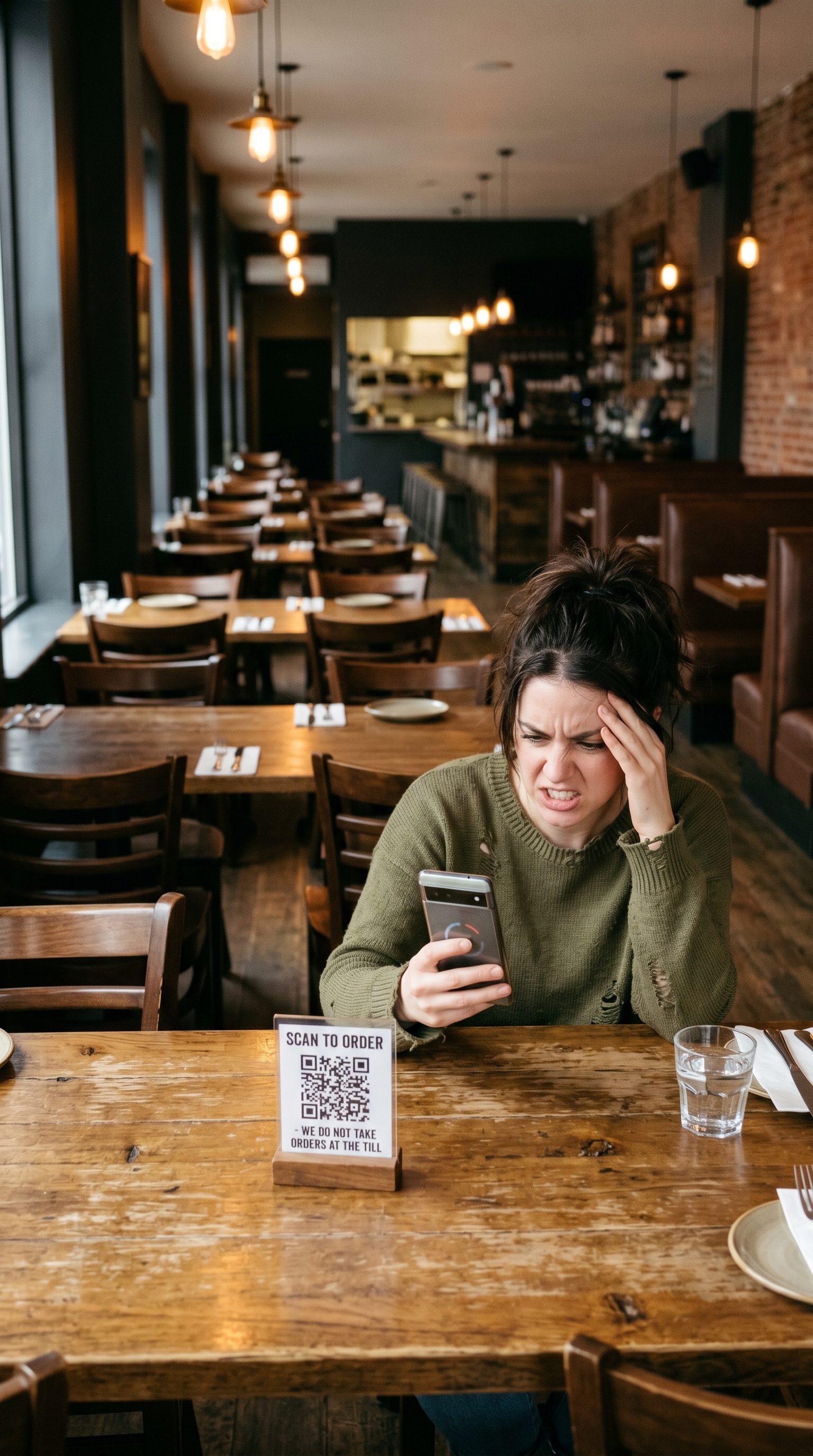 A woman sitting at a restaurant table looking confused and stressed while looking at her phone. The restaurant is empty with wooden tables and chairs. A QR code sign is on the table.