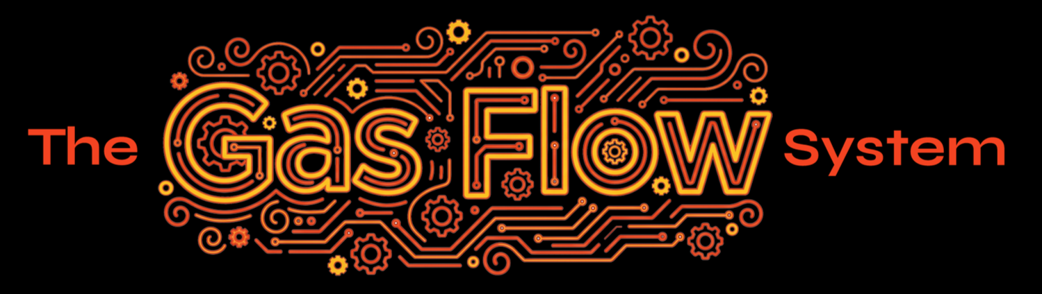 Logo for The Gas Flow System with stylized text and circuit board design elements in orange and yellow on black background.