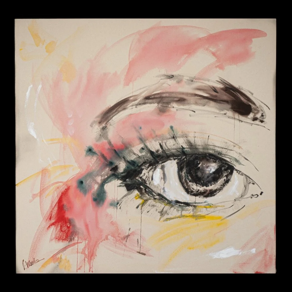 An abstract painting of a human eye with splashes of pink, red, yellow, and black tones around it.