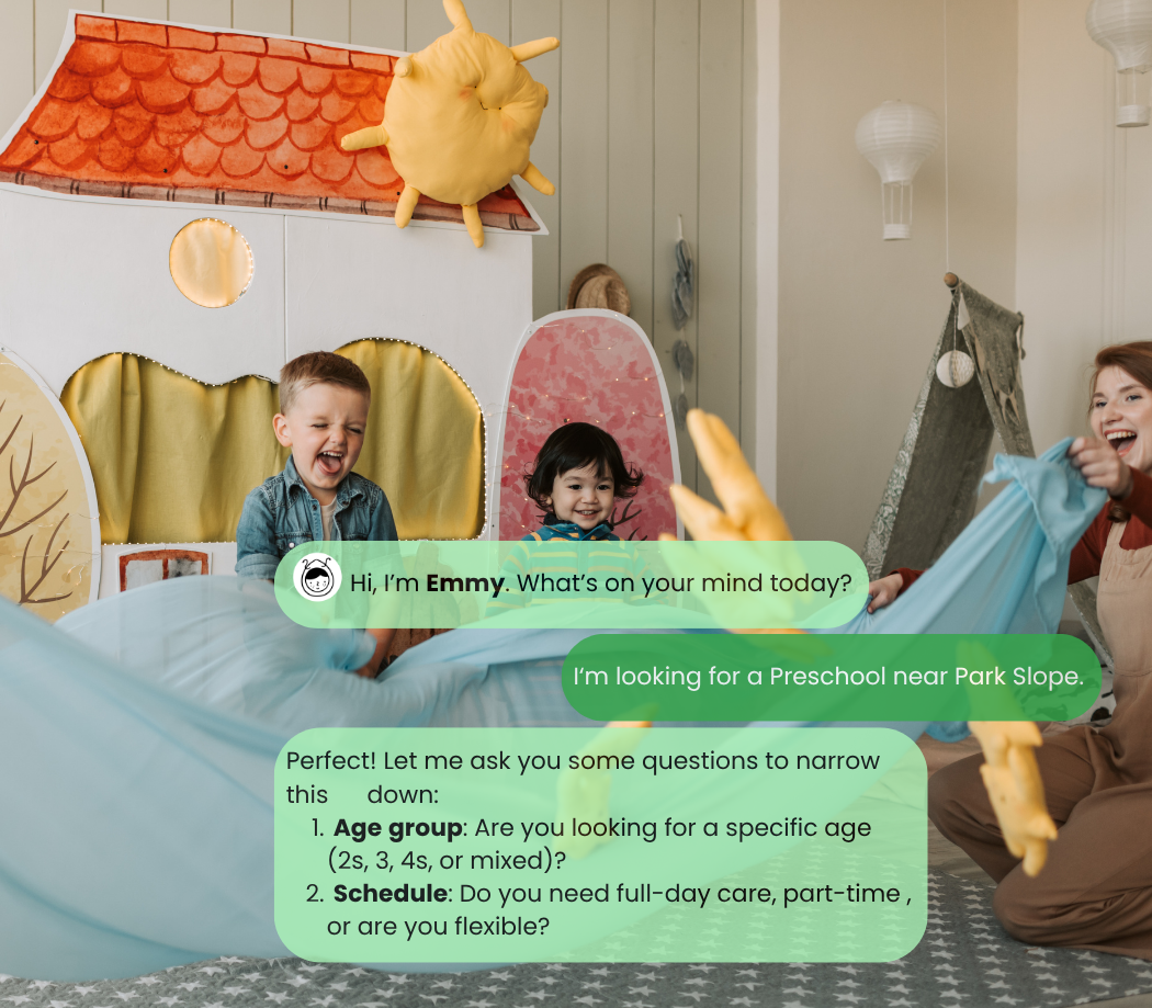 Children playing. Emmy answering a parent's question about finding a preschool