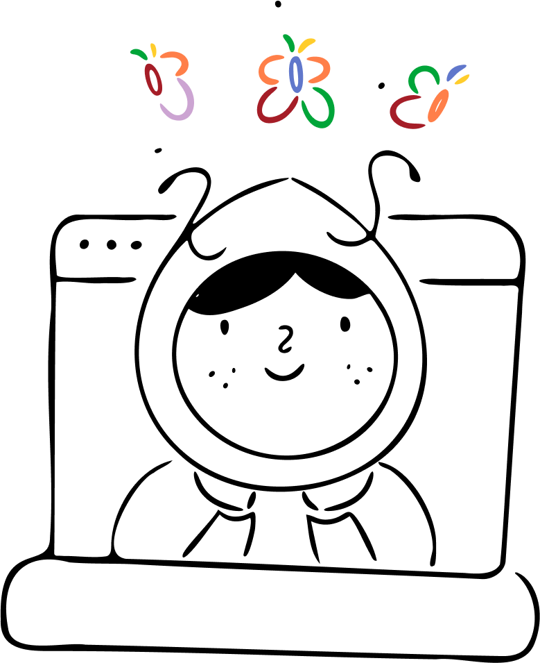 An illustrated image of Emmy, AI Assistant peeking through a chat screen with butterflies over her head