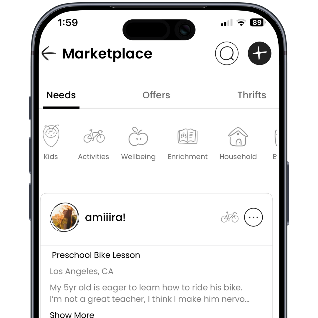 Screenshot of a mobile app displaying a marketplace with categories such as Kids, Activities, Wellbeing, Enrichment, Household, and E. The app shows a user's profile named 'amiira!' for a preschool bike lesson in Los Angeles, CA.