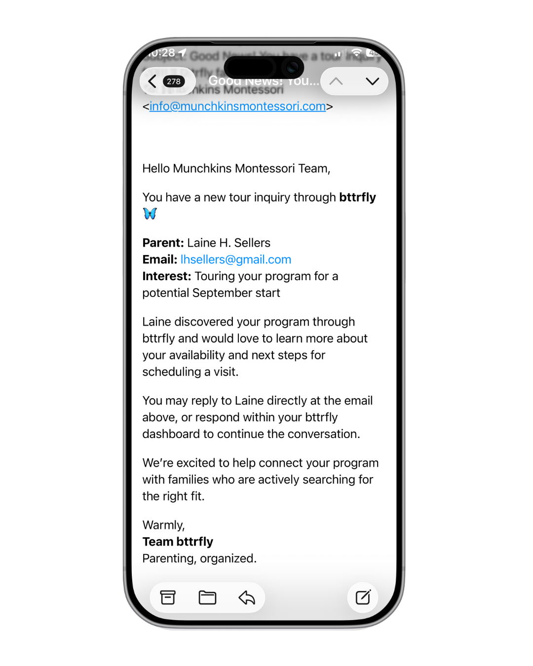 Email confirmation of tour inquiry from a family