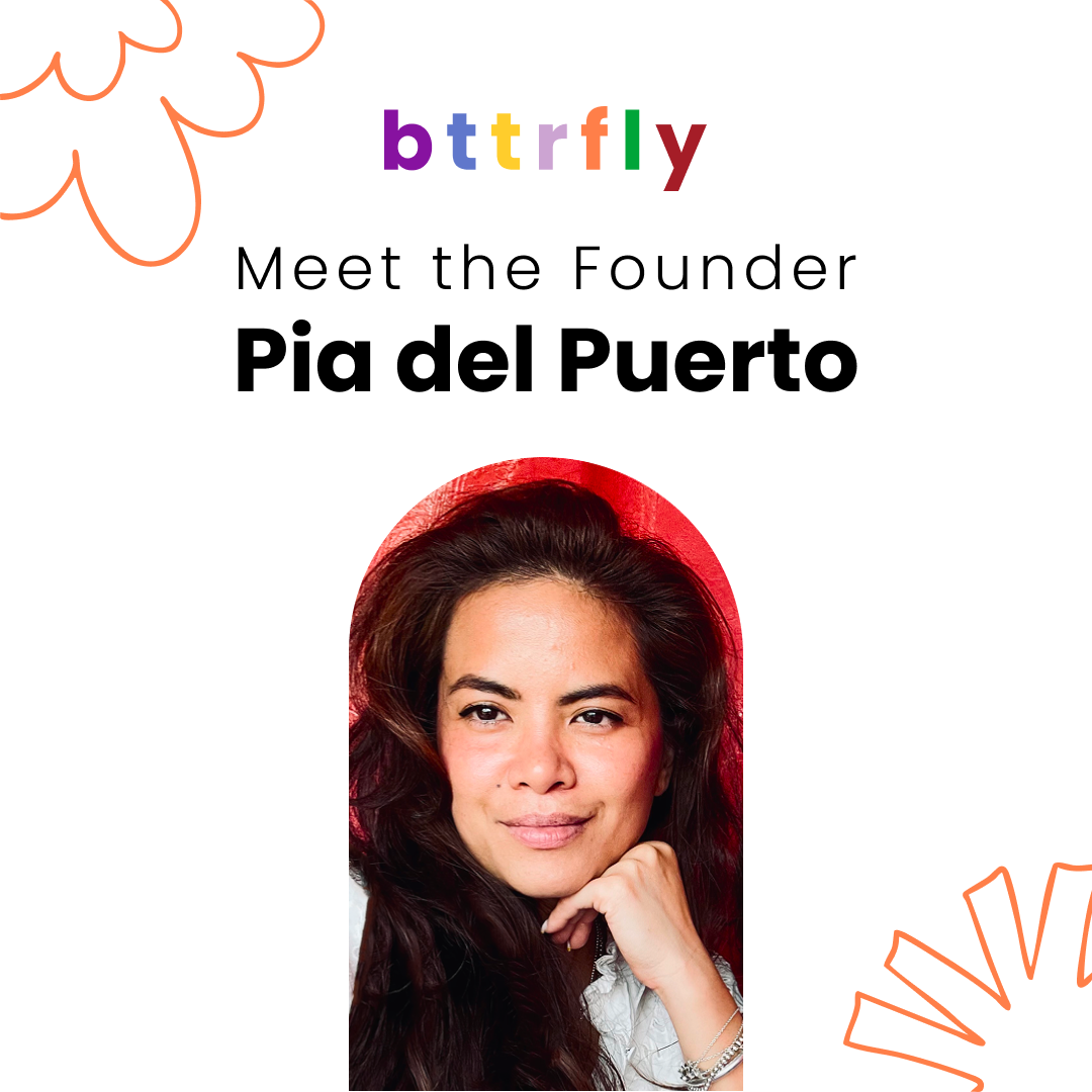Profile photo of Pia del Puerto, founder of btrfly, with text introducing her in a colorful and playful design.