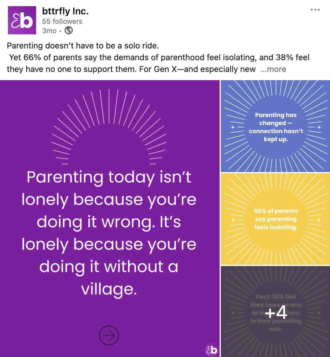 Linkedin post of how parenting today isn't lonely because their doing it wrong but because of lack of village and support