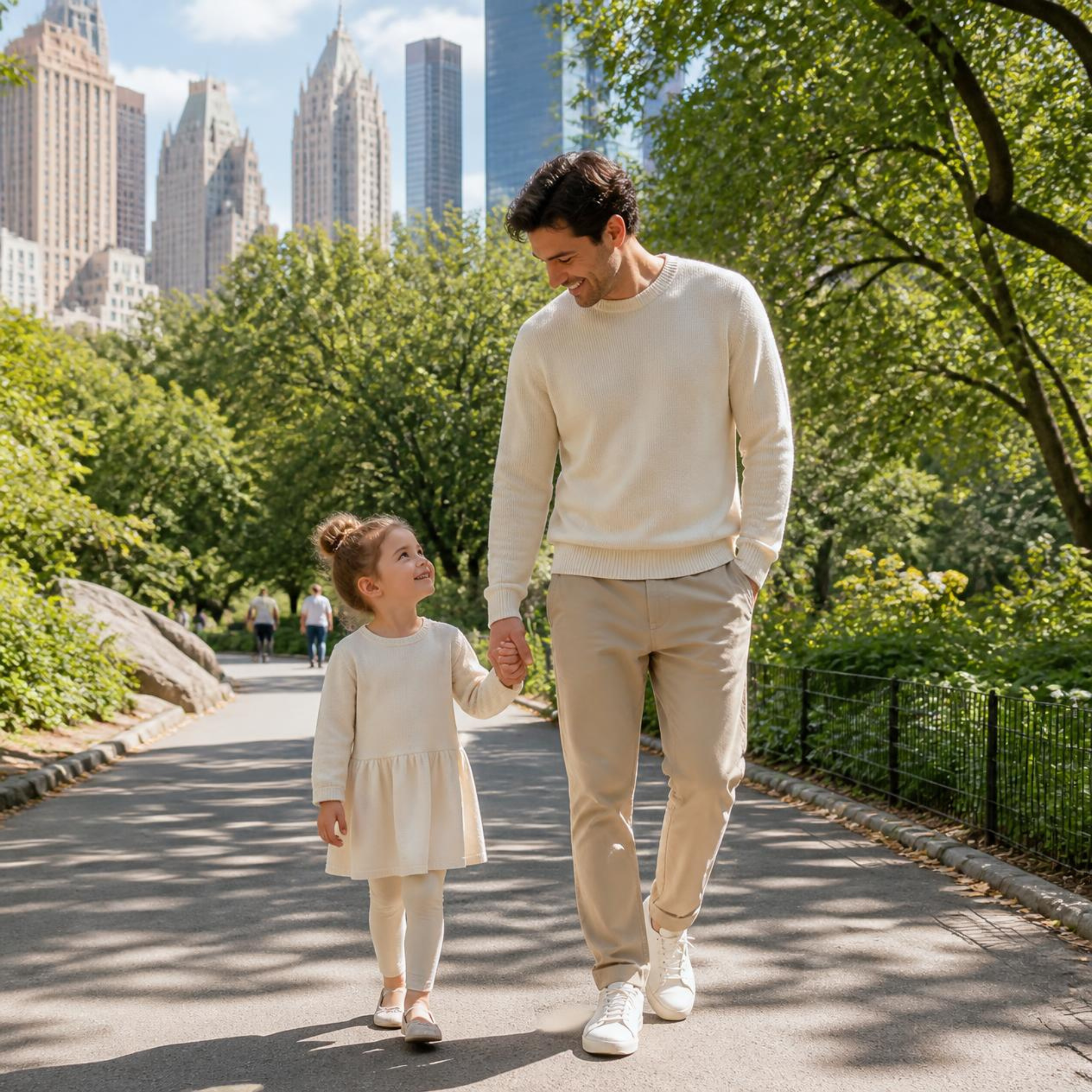Dad walking through NYC park with his 3 yr old daughter
