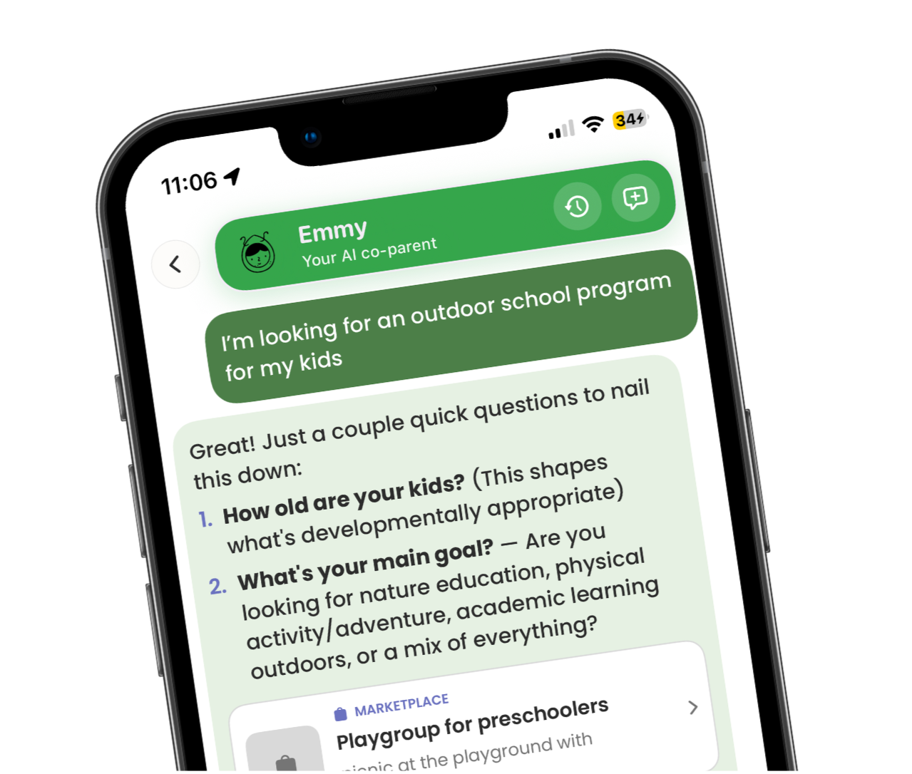 Emmy, AI coparent chat with a parent looking for an outdoor school program