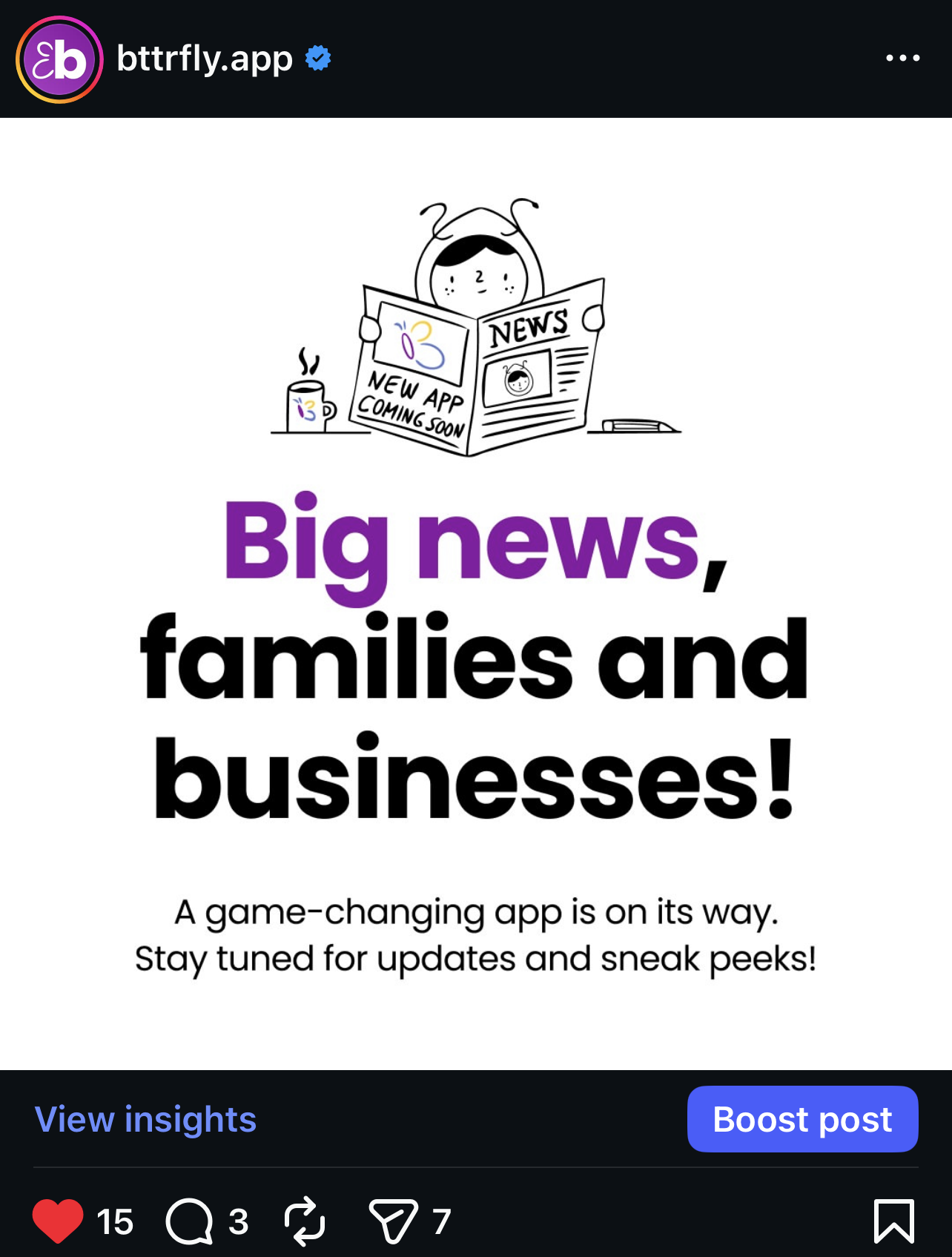 Announcement of a new app with a cartoon illustration of a girl reading a newspaper, a cup nearby, and bold text reading "Big news, families and businesses!" with additional information about the app coming soon.