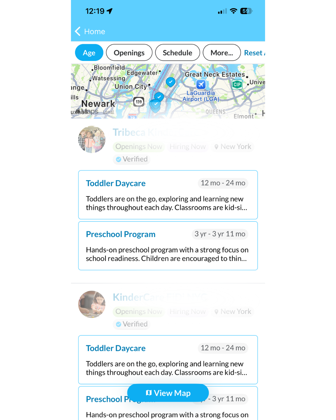 map with pin drop and listing of schools