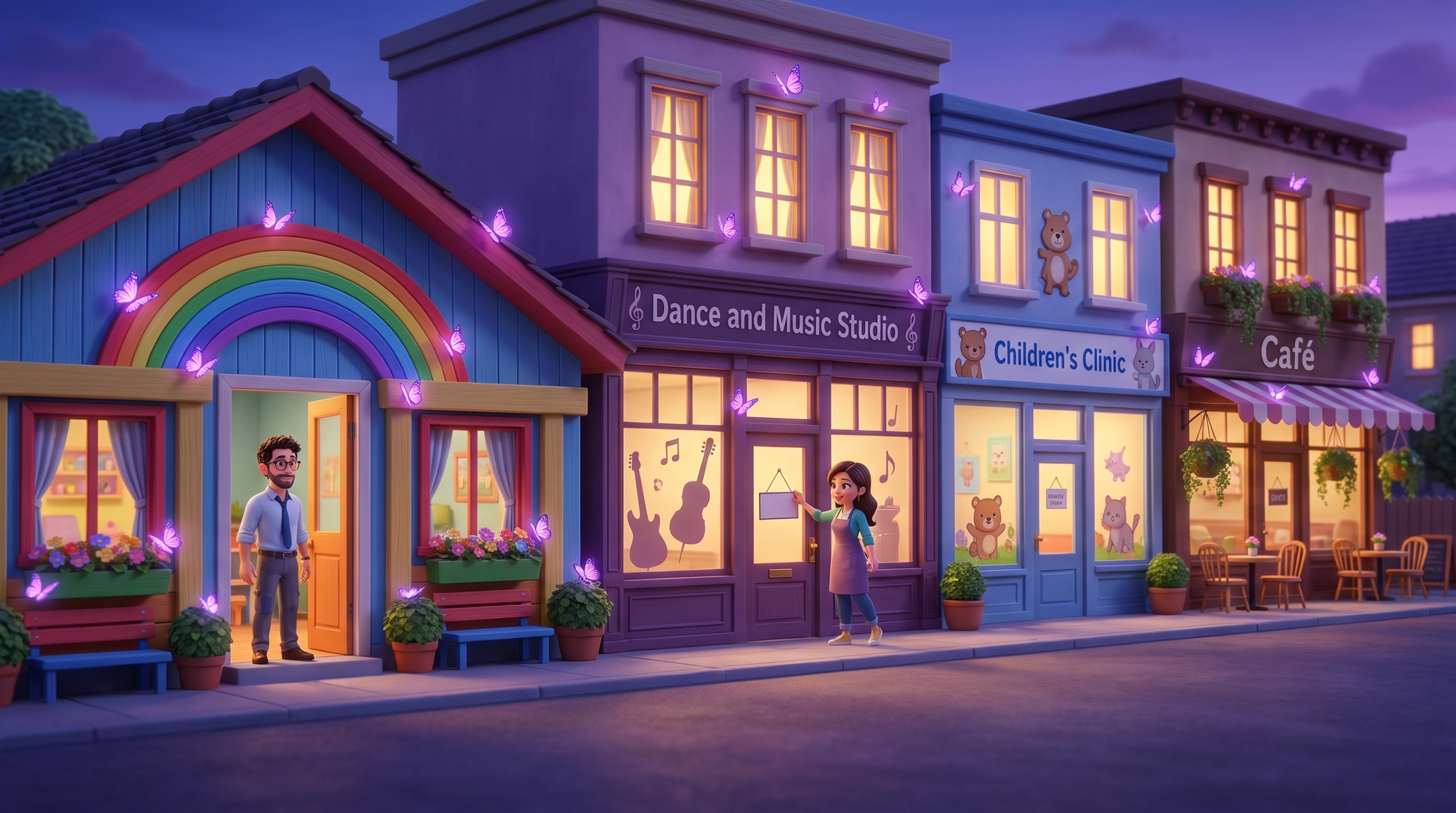 A New York neighborhood with local family-centered businesses such as a dance and music studio and children's clinic, and bttrfly's butterfly badges on their facade.