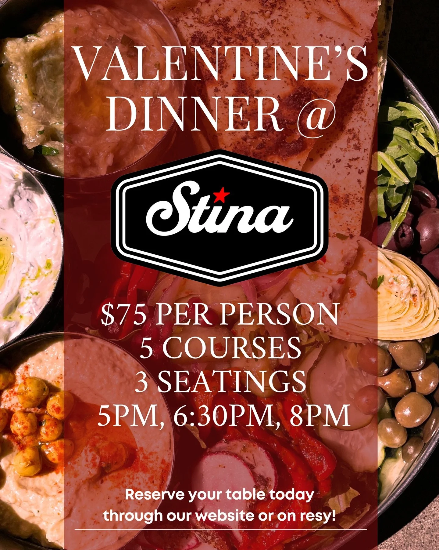 There are a few seatings left for Valentine&rsquo;s Day @ Stina! ❤️✨
A five-course dinner made for sharing.
💘 $75 per person
🍽️ 5 courses
🕯️ Three seatings: 5 PM, 6:30 PM, 8 PM
Make your reservation now on our website or on Resy via the link in ou