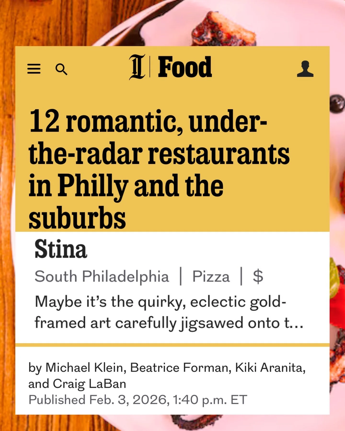 We&rsquo;re honored to be mentioned in the @phillyinqfood &ldquo;12 romantic, under-the-radar restaurants in Philly and the suburbs.&rdquo; ❤️✨
Feeling the love &mdash; and so grateful to be included.

Valentine&rsquo;s Day @ Stina is almost here, an