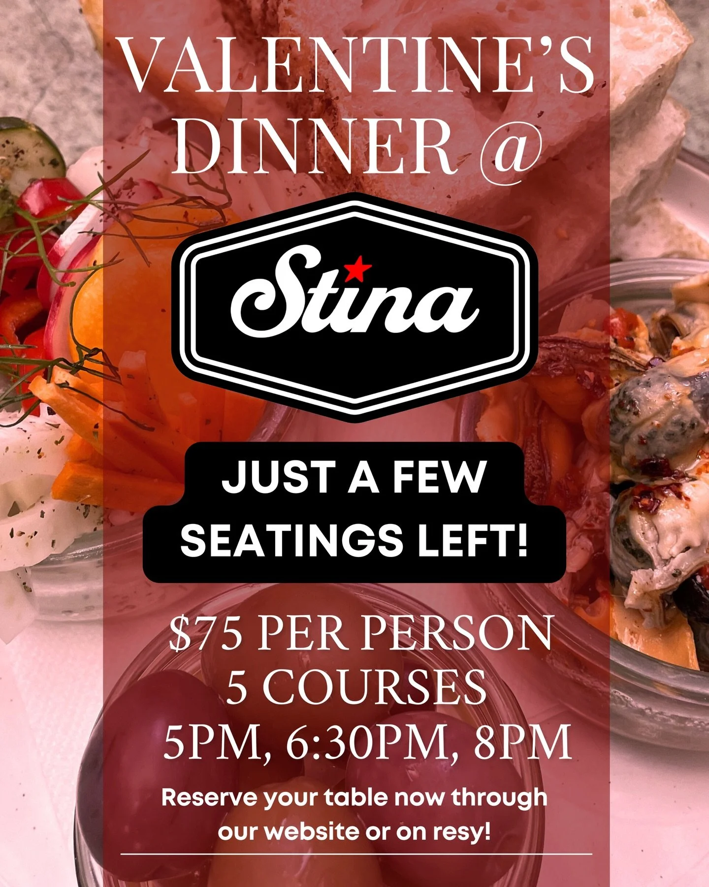 There are a just few seatings left for Valentine&rsquo;s Day @ Stina! ❤️✨Lock in your table via link in our bio!
A five-course dinner made for sharing.
💘 $75 per person
🍽️ 5 courses
Make your reservation now on our website or on Resy via the link i