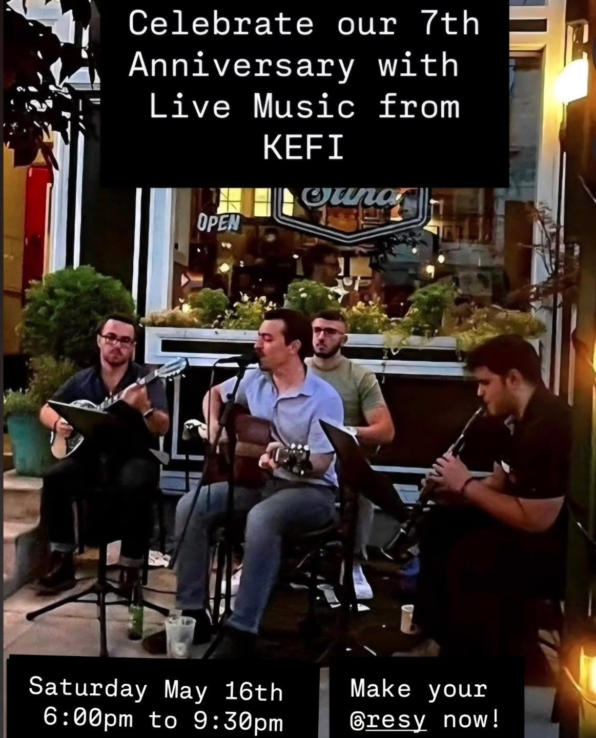 We&rsquo;re celebrating seven years of Stina this year with an anniversary party on Saturday, May 16th! 

Join us for dinner and live music  outside by The Kefi Band 
from 6:00-9:30 PM. 

Based in Philadelphia, The Kefi Band is known for playing a ra