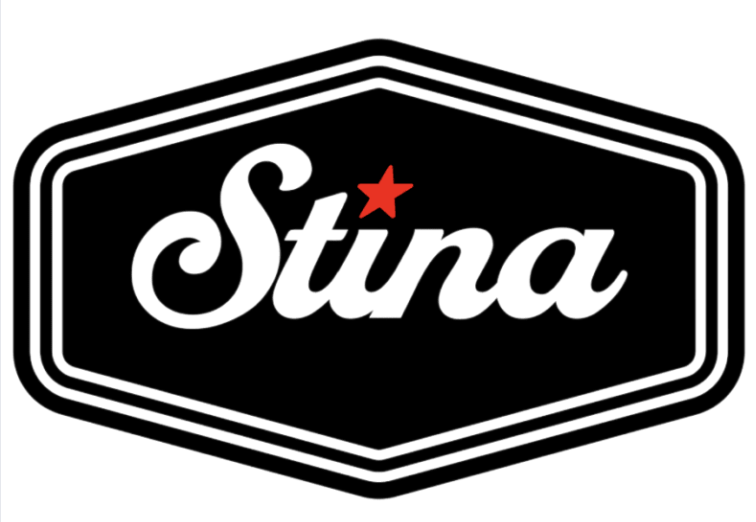 Black rectangular logo with white outlined border, the word 'Stina' in white cursive font, and a red star above the letter 'i'.