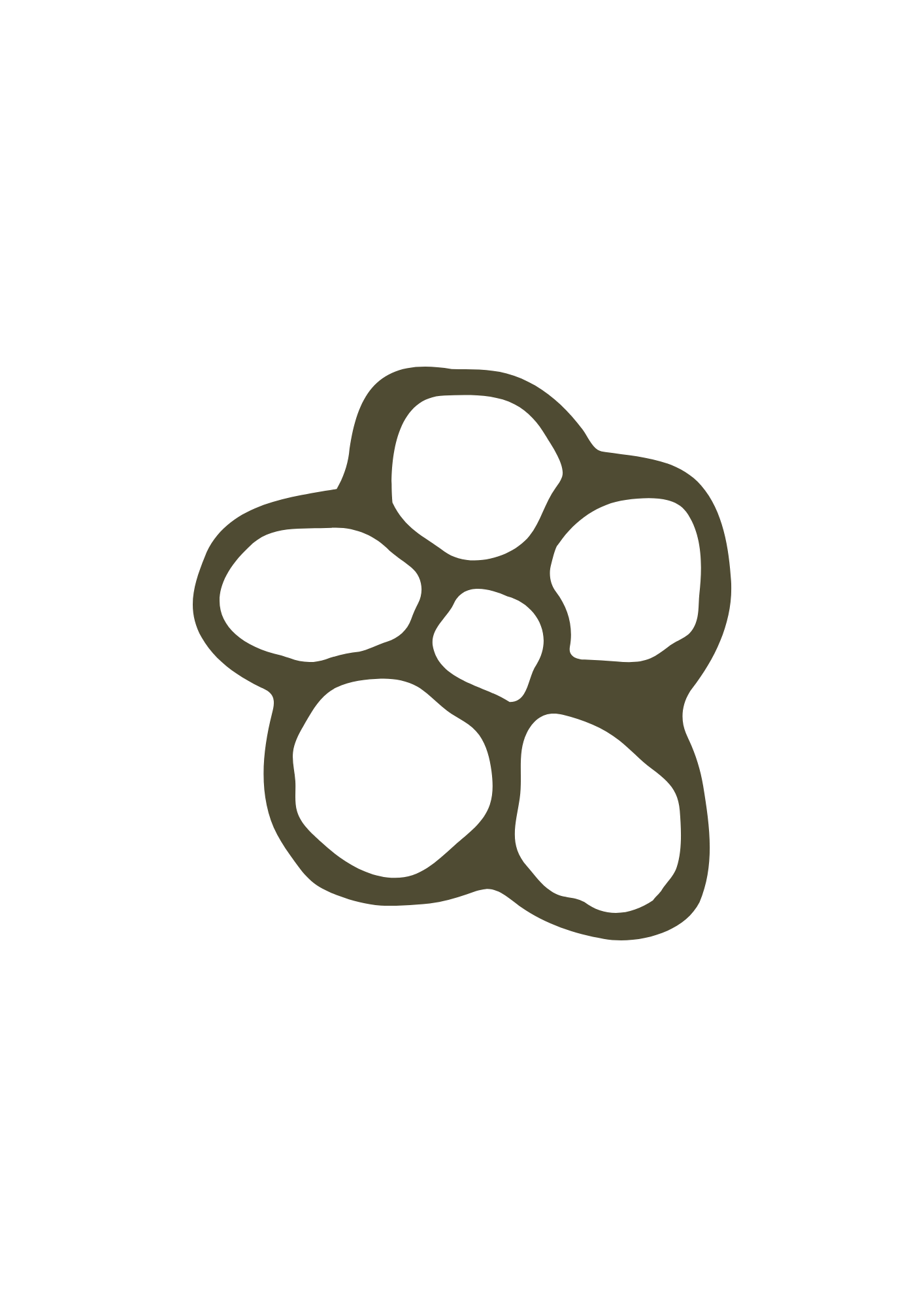 A stylized illustration of a cluster of five interconnected, irregularly shaped ovals or circles outlined in olive green on a black background.