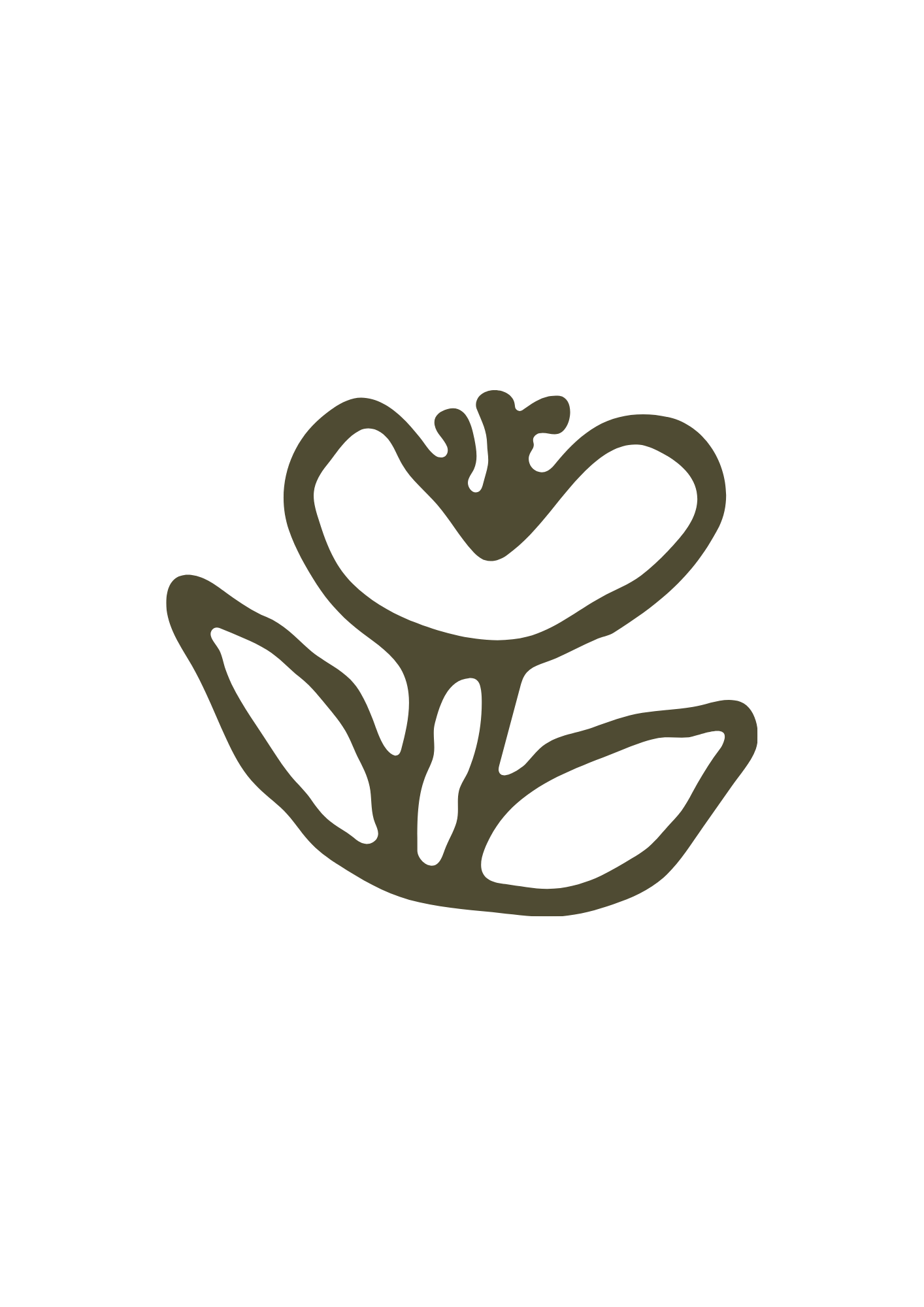 Minimalist line drawing of a sprouting plant with leaves and a heart-shaped element at the top, on a black background.