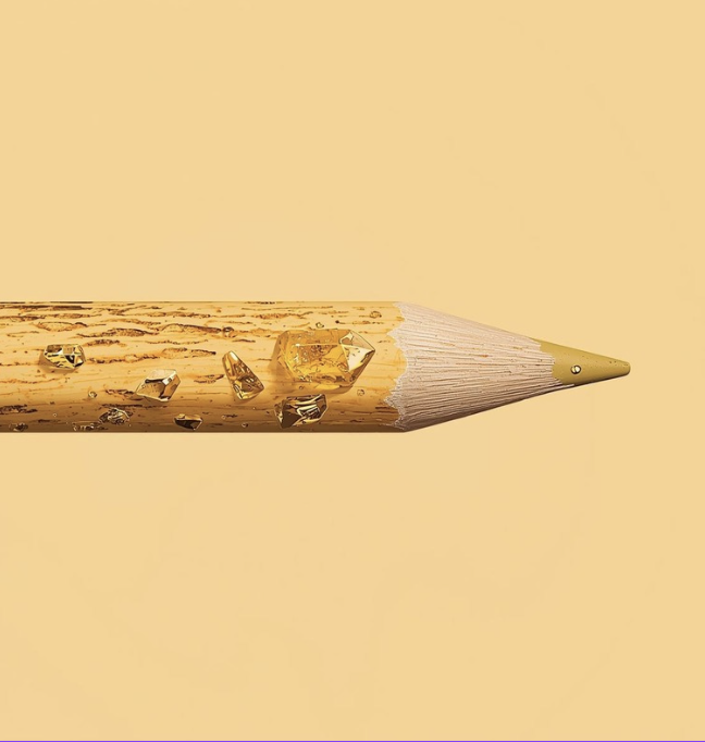 A close-up of a pencil with a fractured wooden body, embedded with yellow and clear gemstones, set against a plain beige background.