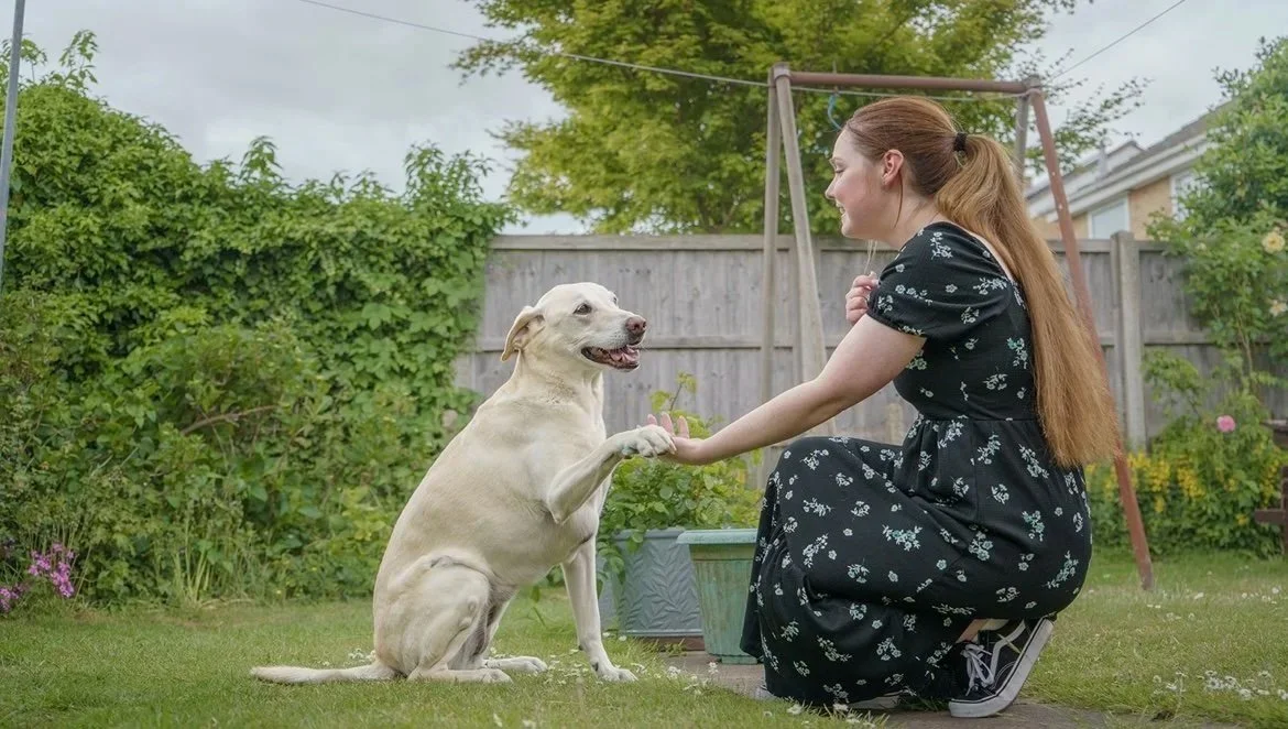 Female with brown hair high fiving yellow labrador dog
