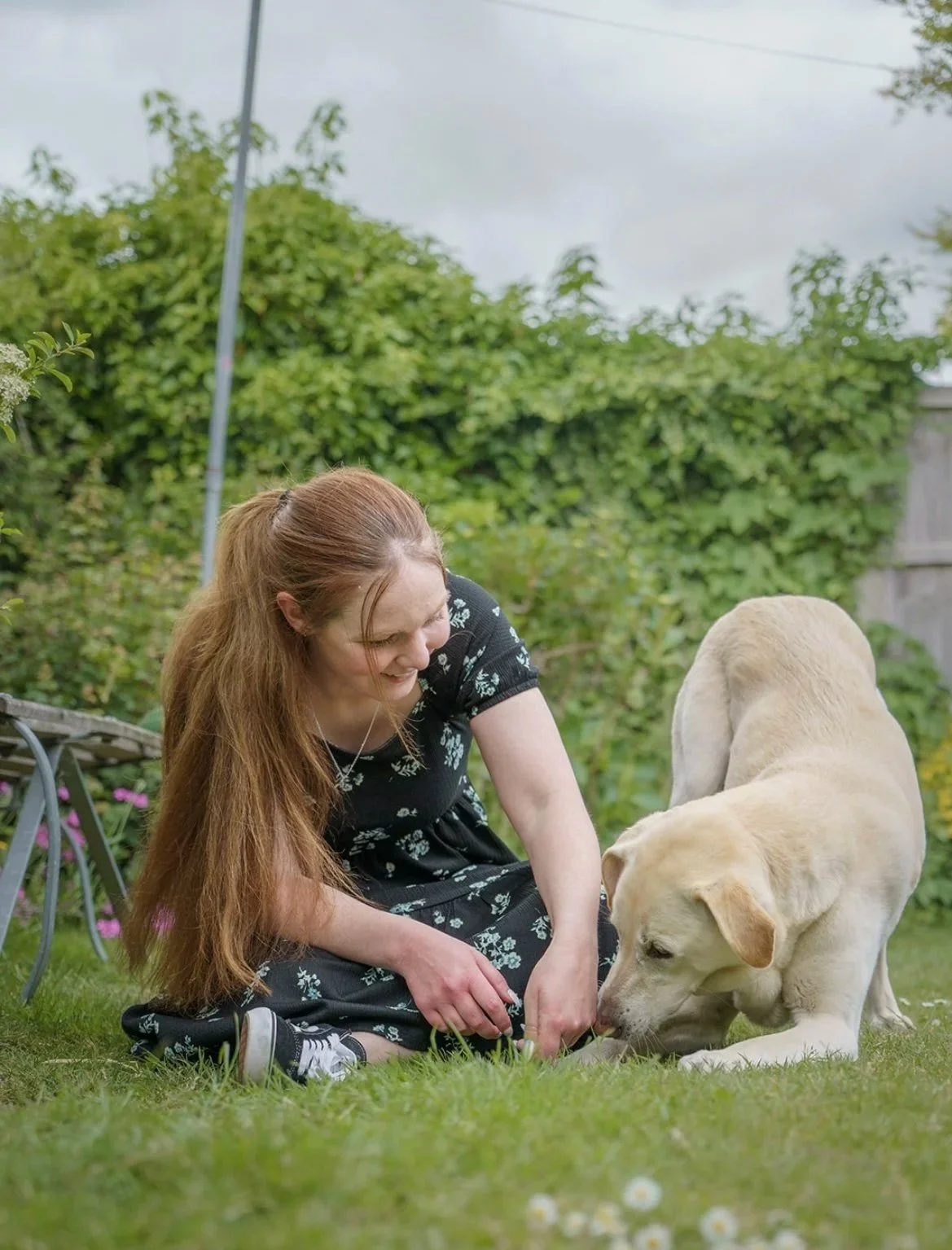 A female with brown hair sitting with yellow labrador dog in playbow pose
