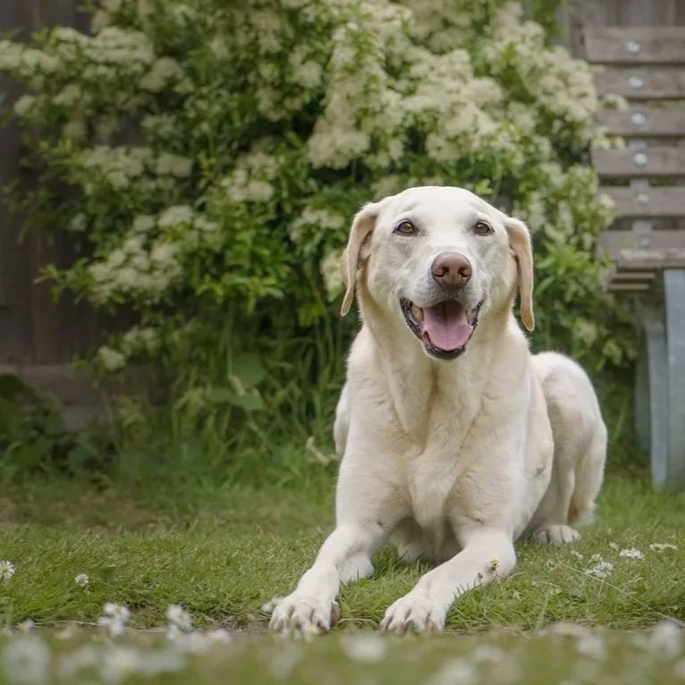 Yellow labrador dog smiling at the camera