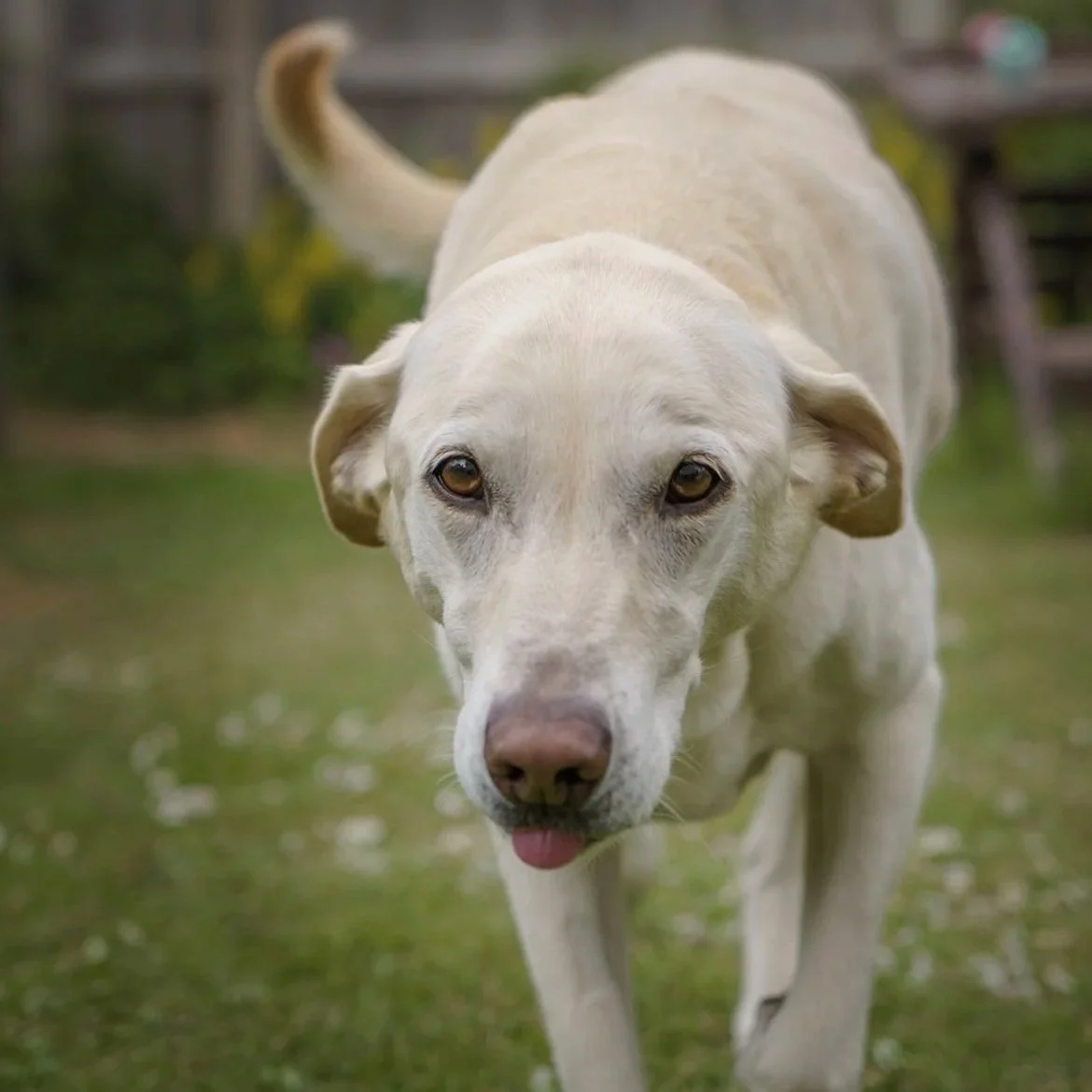 A yellow labrador running towards the camera with her tongue sticking out