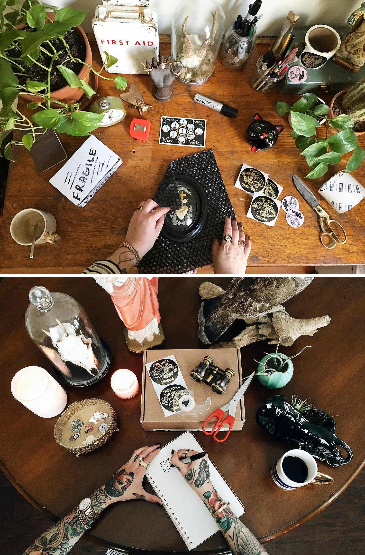 Two tables with various decorative items, plants, and crafting supplies, including scissors, candles, stickers, and a notebook.