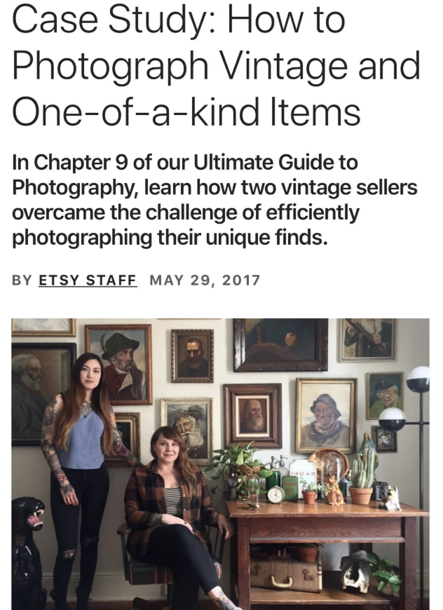 Article about photographing vintage and unique items with a photo of two women in a room filled with vintage paintings and decor.