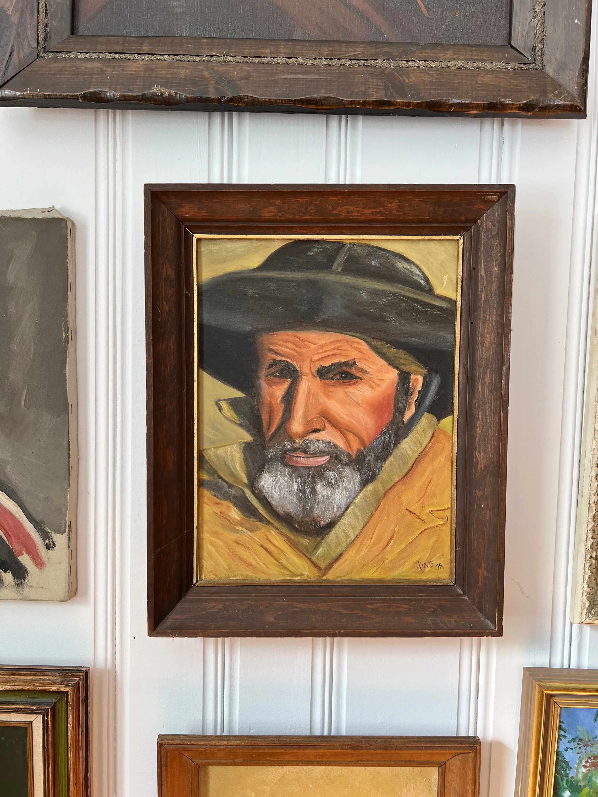 1970’s Vintage Bearded Fisherman Portrait Painting On Canvas In Wooden Frame