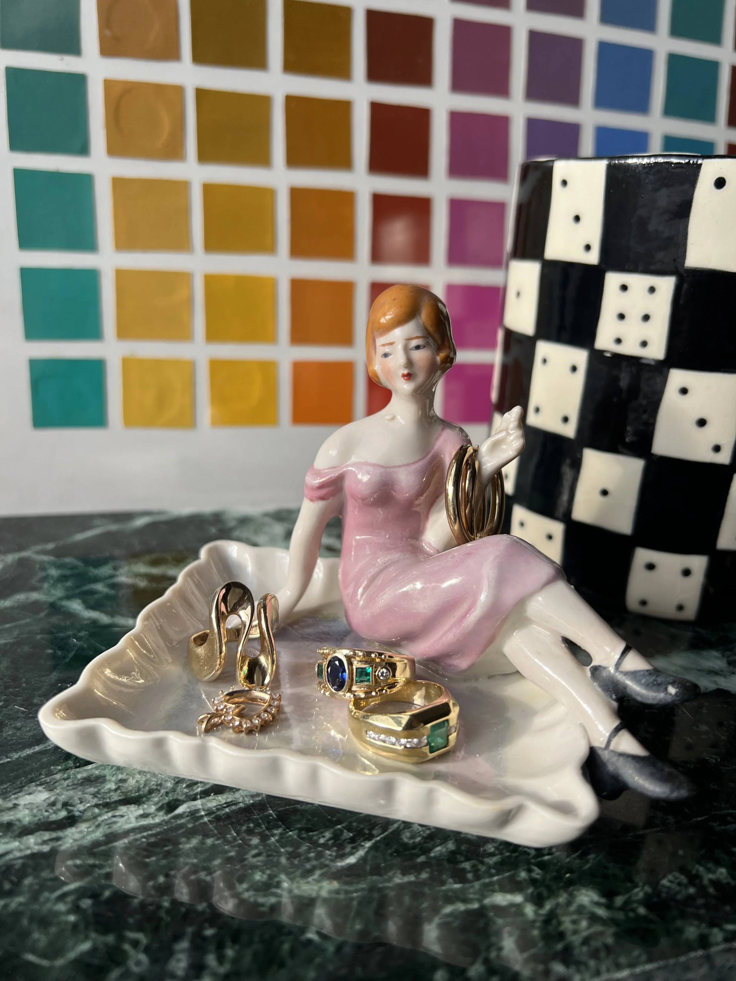 1940's Art Deco Woman Smoking A Fat J Lusterware Ring Dish Or Ashtray