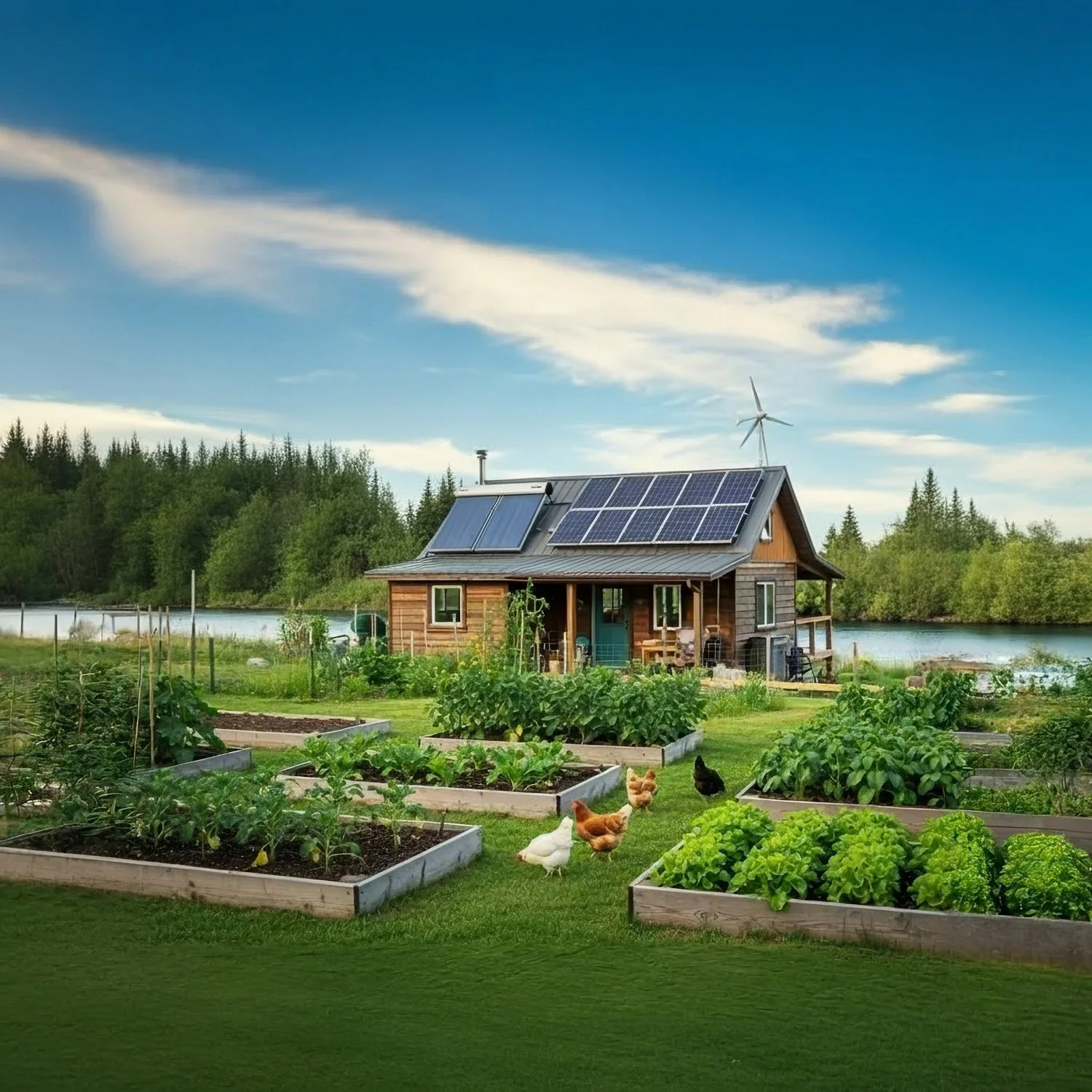 A wooden house with solar panels on the roof, situated near a river, surrounded by greenery and vegetable gardens, with chickens and a cat in the yard, under a blue sky with clouds.