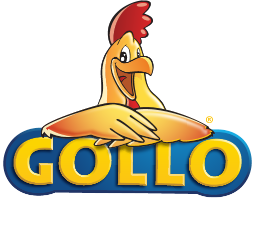 Gallina caricatura con texto 'GOLLO' en letras amarillas y fondo azul