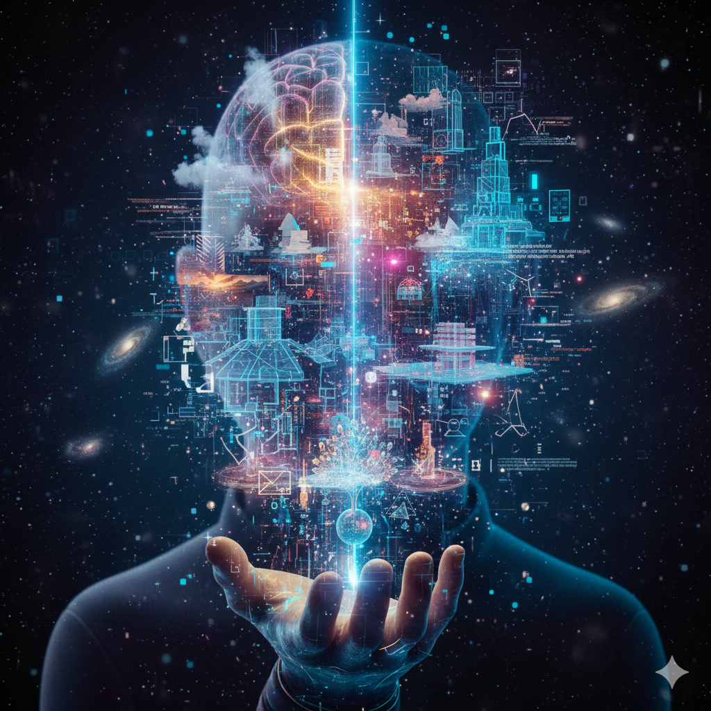 Una ilustración digital de un cerebro humano con conceptos tecnológicos y de ciencia aplicada, emergiendo de la mano de una figura humana, en un fondo de galaxias y estrellas.