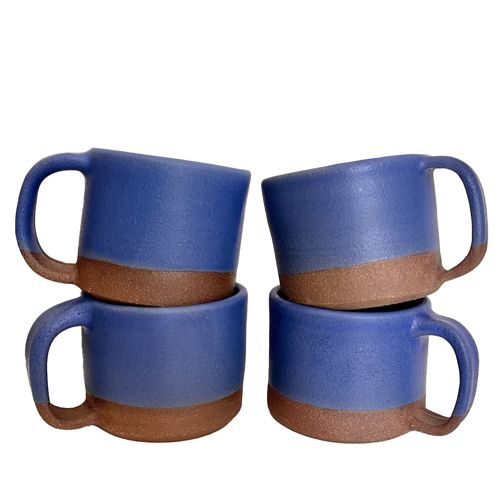 Four stacked ceramic coffee mugs with a blue upper half and a brown lower half, arranged in a pyramid shape.