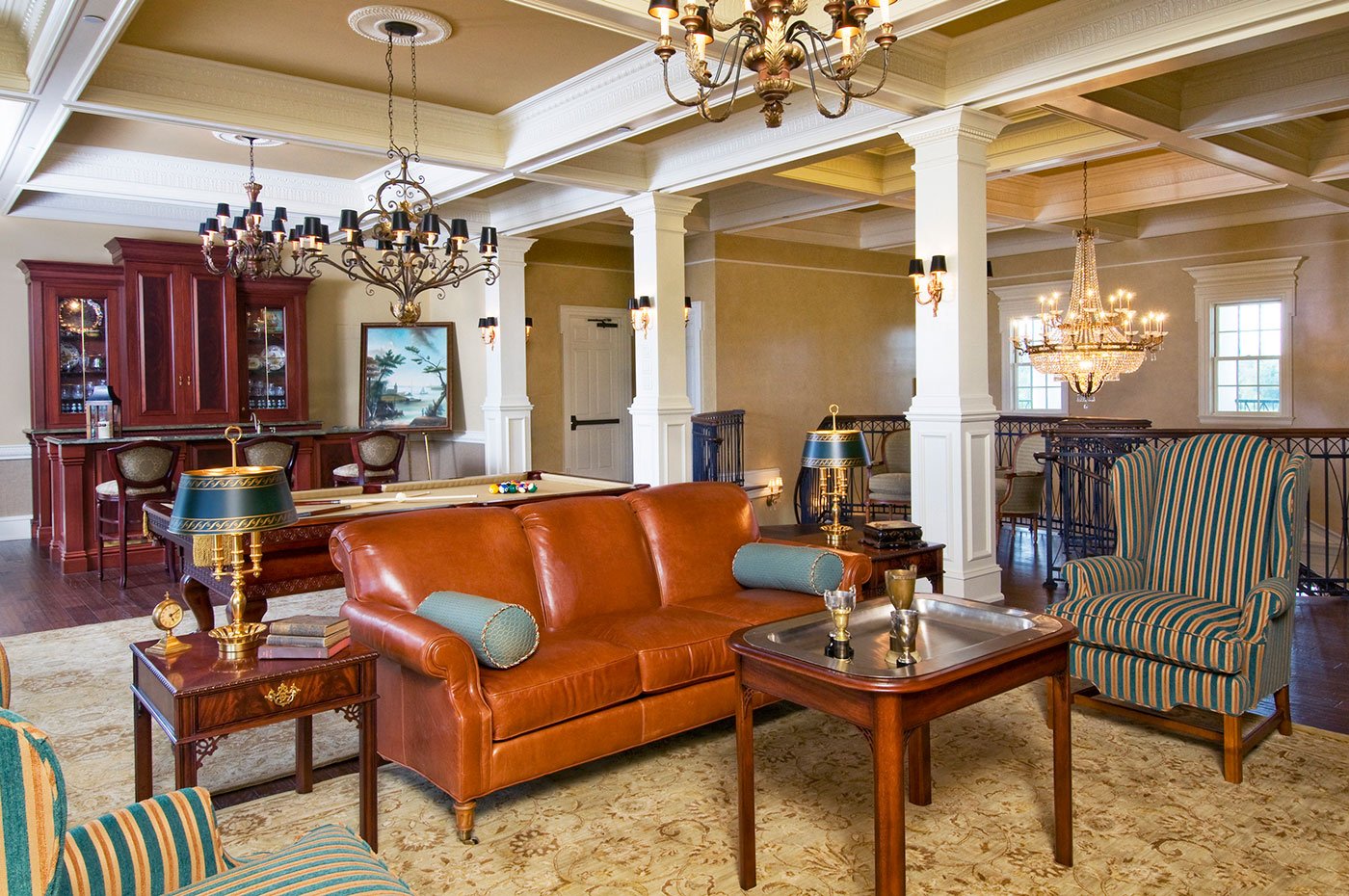 High-end hospitality interior design for Cannonsgate at Bogue Sound Manor House clubhouse.