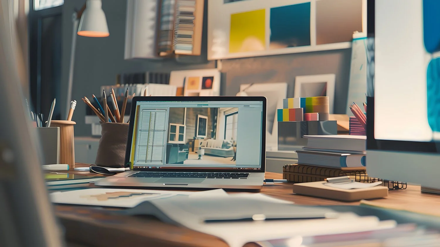 A cluttered office desk with a laptop showing a digital drawing of a modern living room, surrounded by books, notebooks, pens, and office supplies, with a bookshelf and framed artwork in the background.