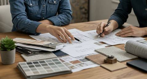 Two people working on architecture plans or blueprints at a wooden table, surrounded by sample materials, a small potted plant, and rolled-up papers.