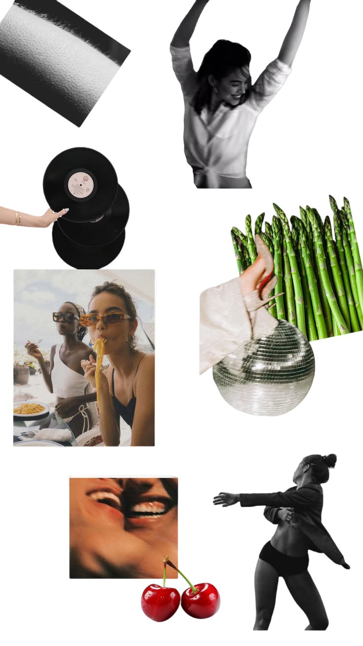 Moodboard van sorae met beelden van dansen, muziek en gezond eten; een weerspiegeling van vrouwelijke belichaming, zintuiglijk genot en een vitaal ritme.