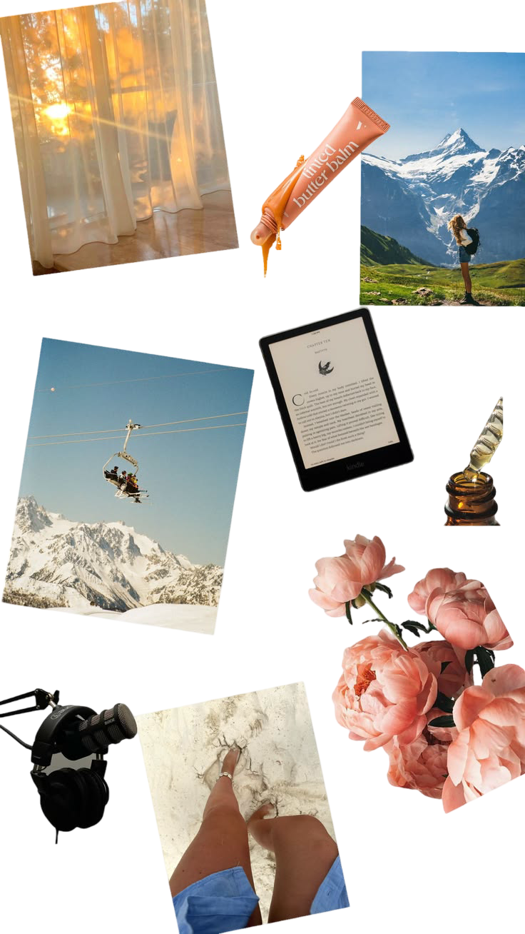Moodboard van Femke (sorae) met favorieten zoals hiken, skiën, skincare en podcasten; een persoonlijke kijk op de passies en rituelen die zorgen voor haar eigen vertraging en verbinding.