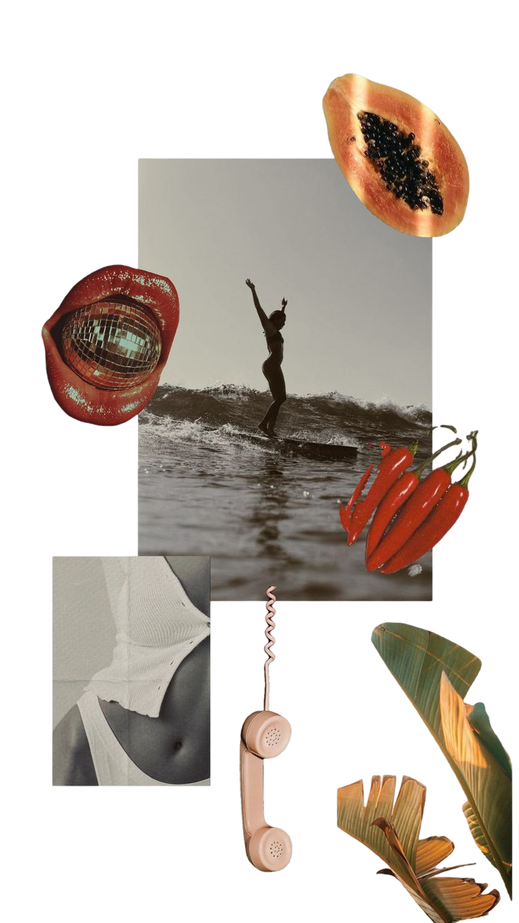 Moodboard van Femke (sorae) met beelden van papaja, pepers, surfen en lichaamsverbinding. Een weerspiegeling van authenticiteit, speelsheid en vrouwelijke kracht.