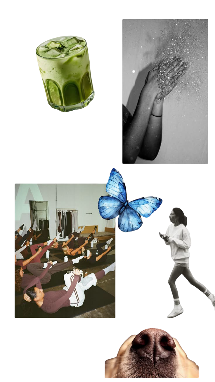 Persoonlijk moodboard van Femke (sorae) met iced matcha, pilates, hardlopen en natuur; een weerspiegeling van een actieve, gebalanceerde levensstijl en dagelijkse vertraging.