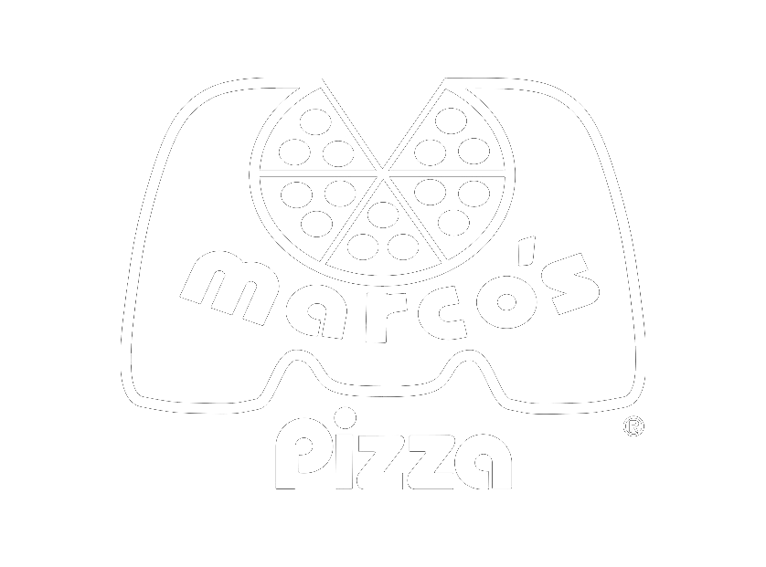 Marco's Pizza logo with a pizza graphic over black background.