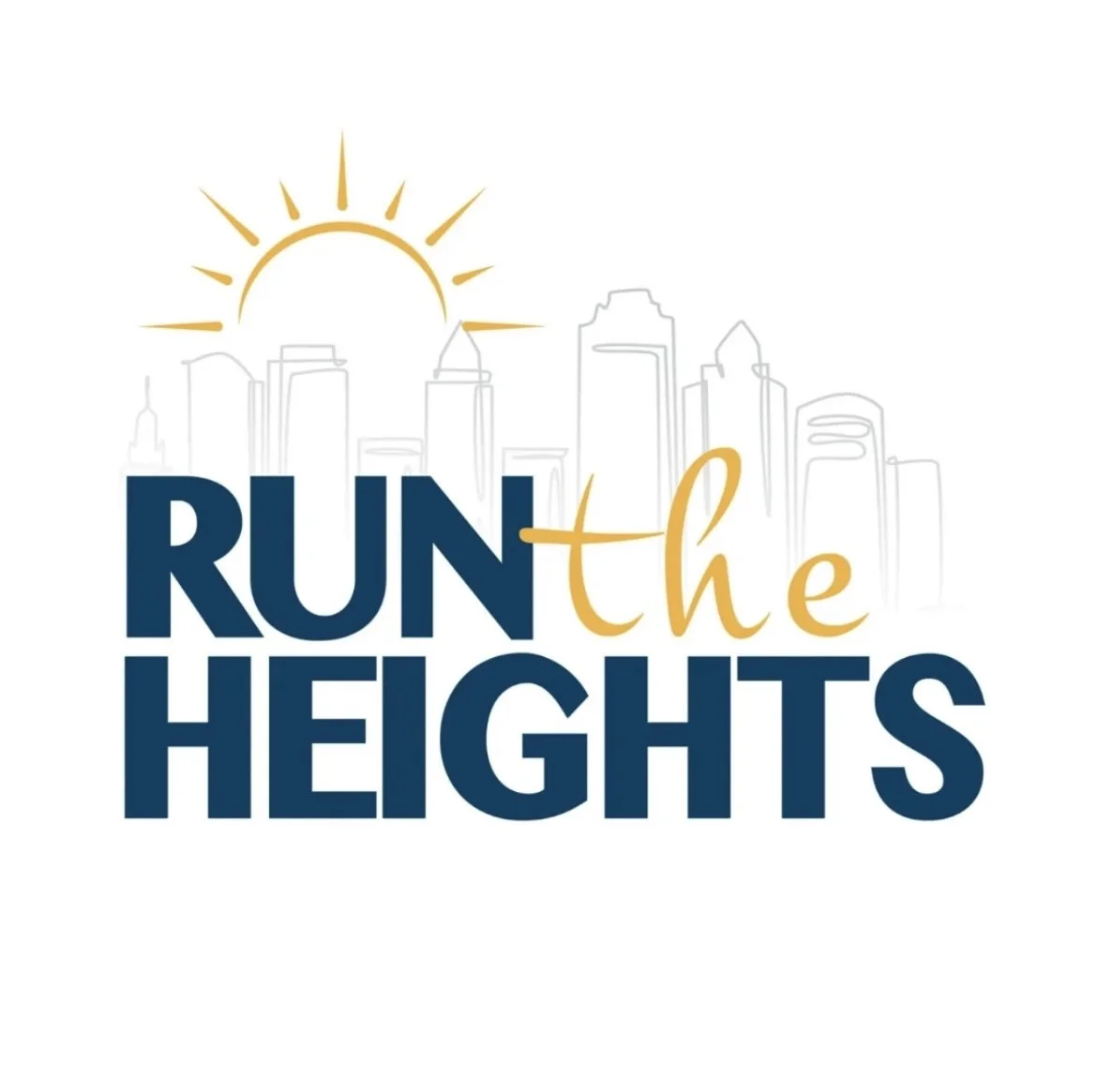 Logo for 'Run the Heights' featuring a city skyline outline and a rising sun.