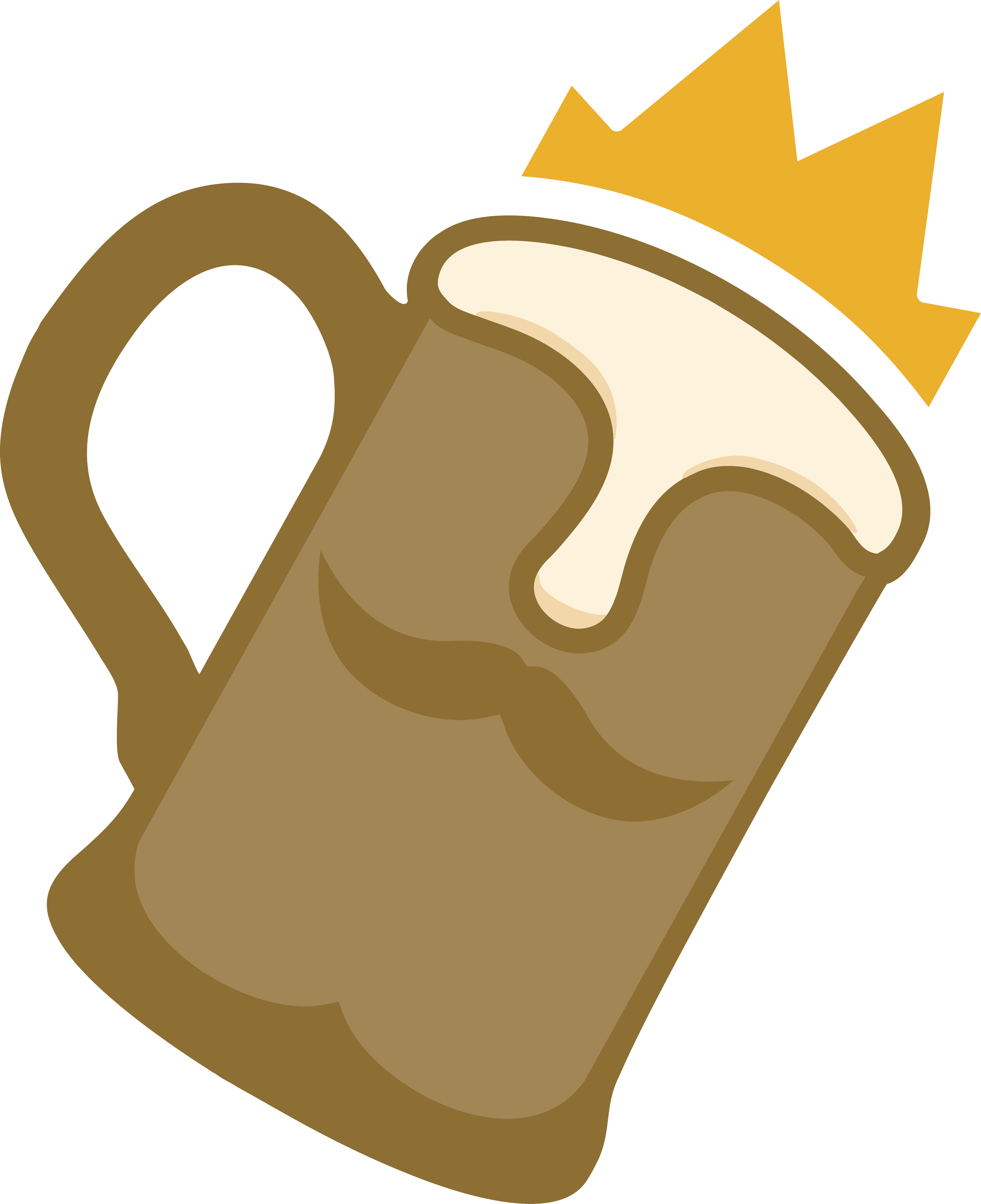 A cartoon illustration of a coffee mug with a handle, a mustache design, and a golden crown on top.