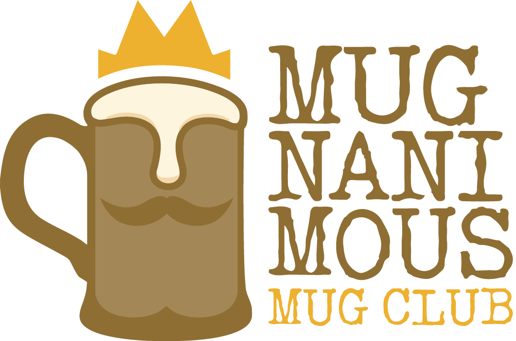 Logo for MUGNANIMOUS Mug Club featuring a cartoon mug with a face, moustache, and crown.