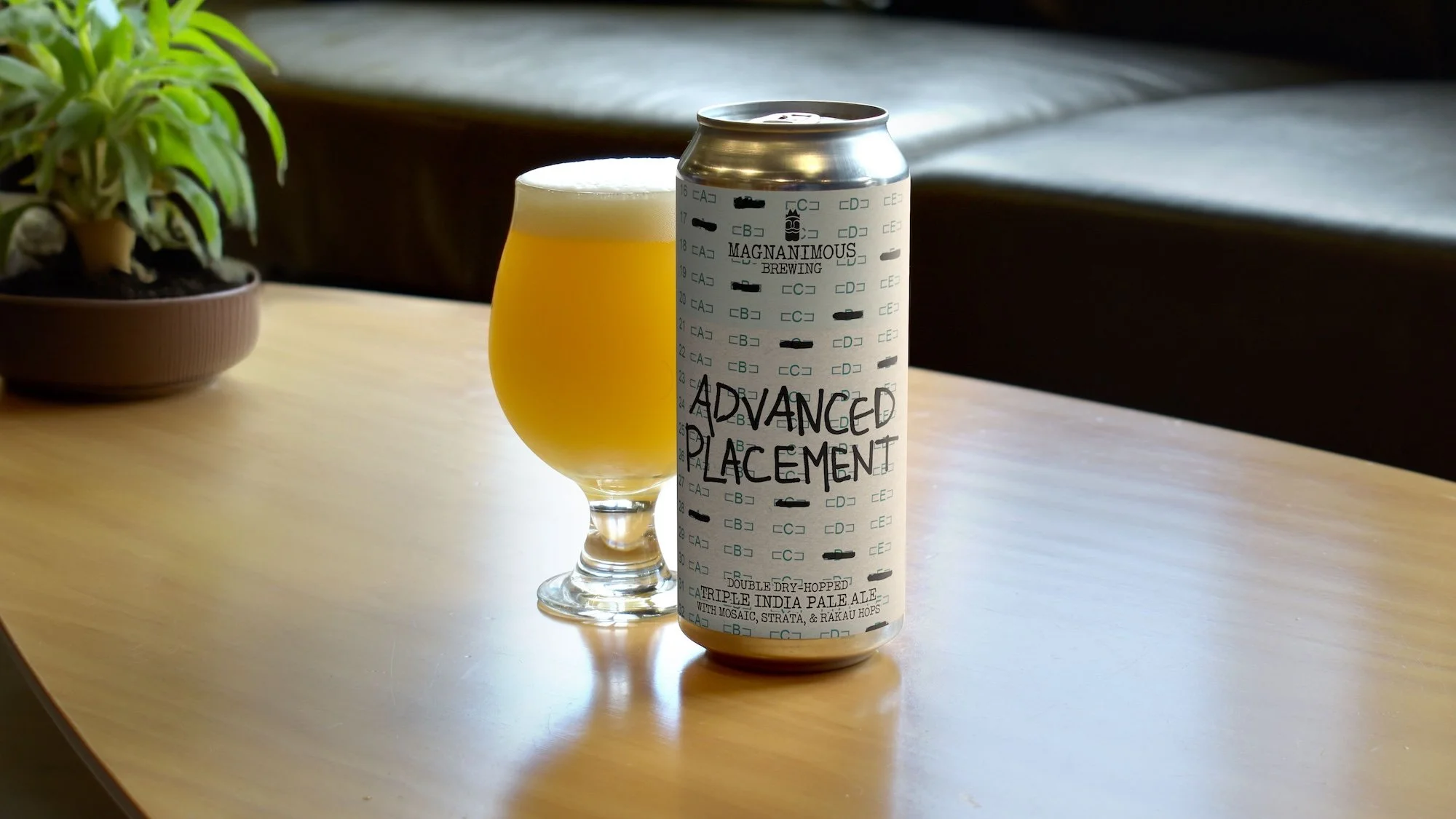A can of beer labeled 'Advanced Placement' with a glass of beer beside it on a wooden table, with a potted plant in the background.