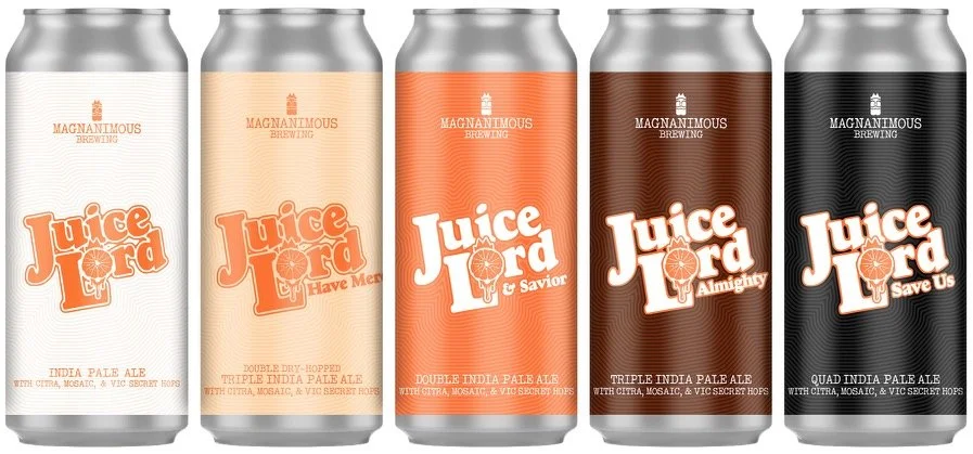 Five cans of Juice Lord India Pale Ale, each with different labels and colors, from Magnanimous Brewing.